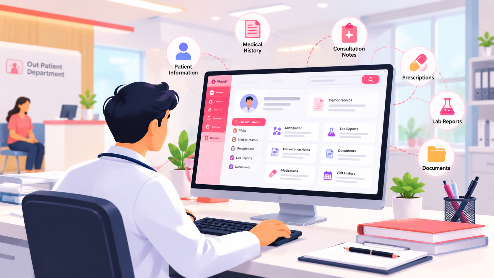 Digital patient records interface displaying electronic medical information in a healthcare setting