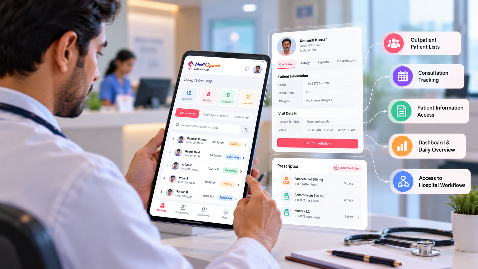 Doctor using a mobile application to access patient lists and manage hospital consultations