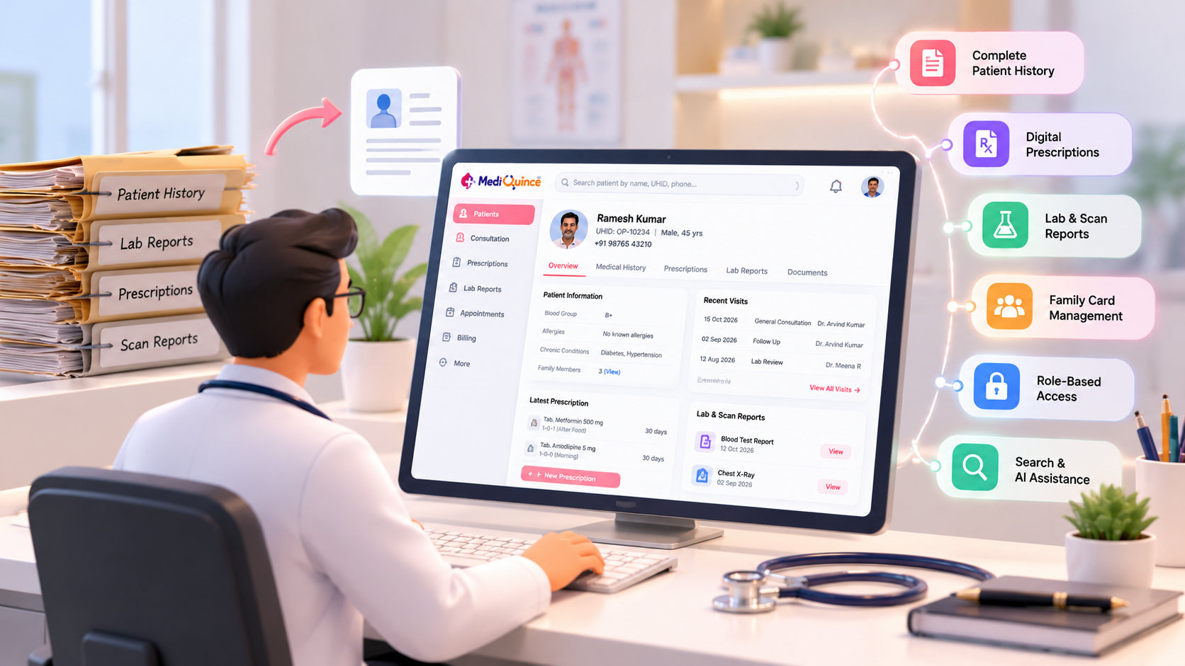 Electronic medical records software displaying patient history and clinical documentation