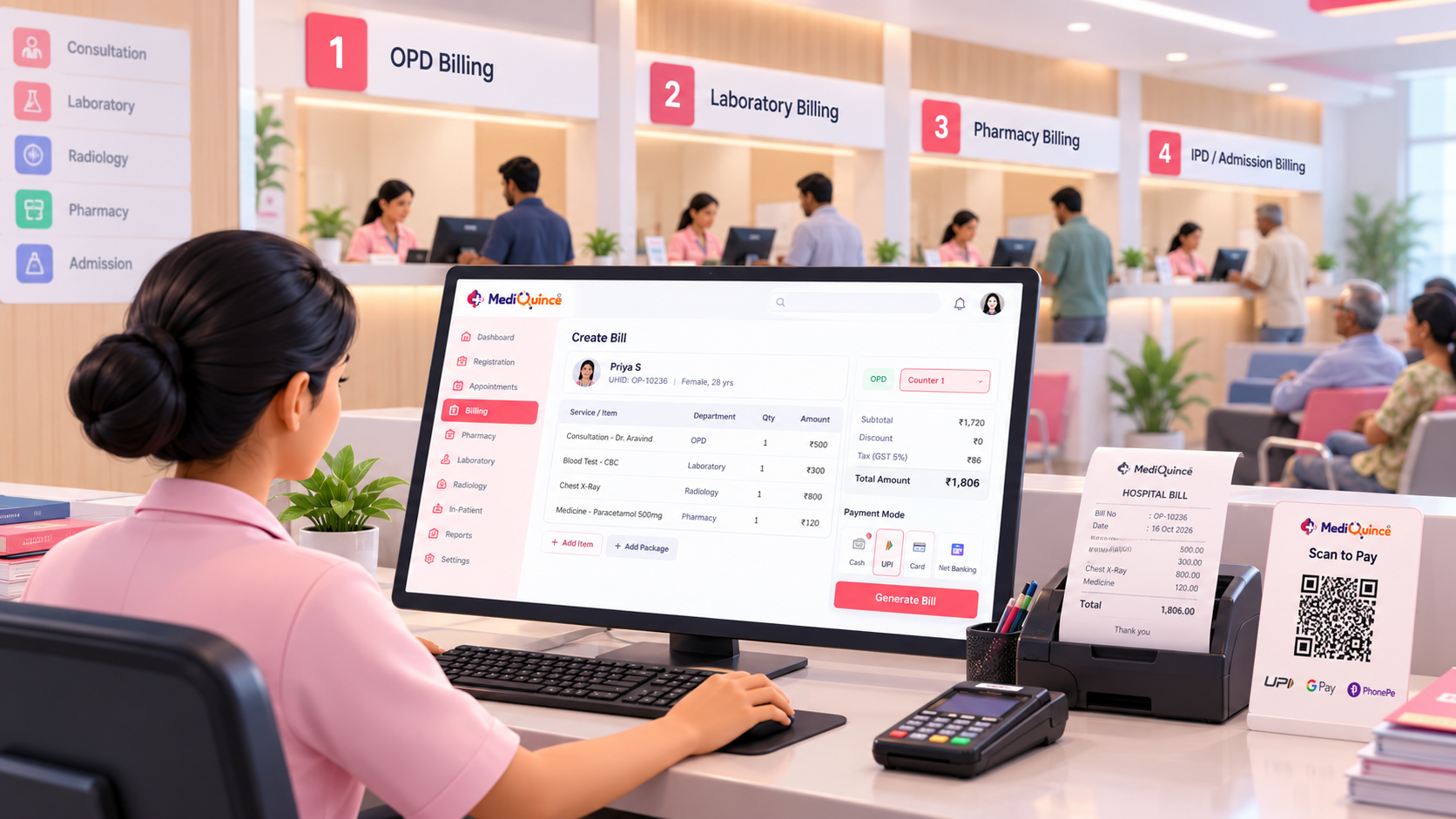 Hospital billing software for counter-wise billing, patient invoices and revenue management