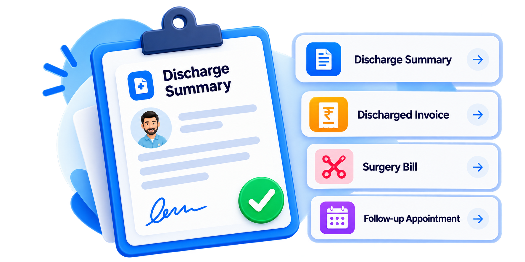 Discharge summary with discharged invoice, surgery bill and follow-up appointment