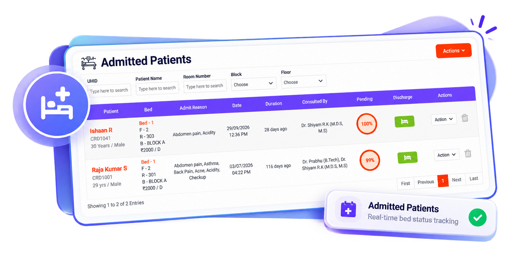 Admitted patients list with bed, admit reason, consulting doctor and discharge status