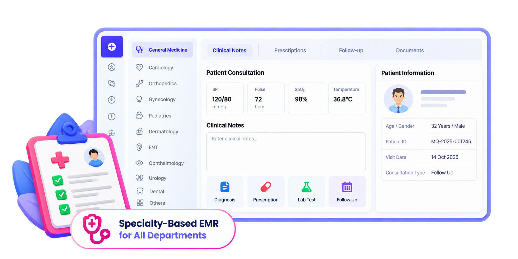 Specialty-based EMR screen with department list, vitals and clinical notes