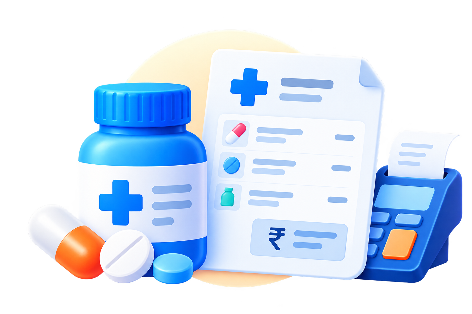 Pharmacy medicines with prescription bill and billing machine